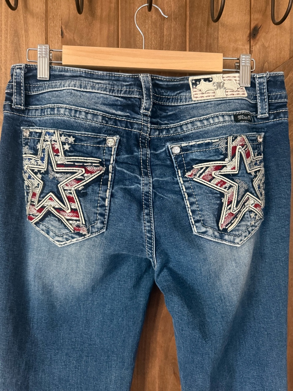 Miss Me Blue Denim Boot Cut Jeans with Embroidered Star Pockets